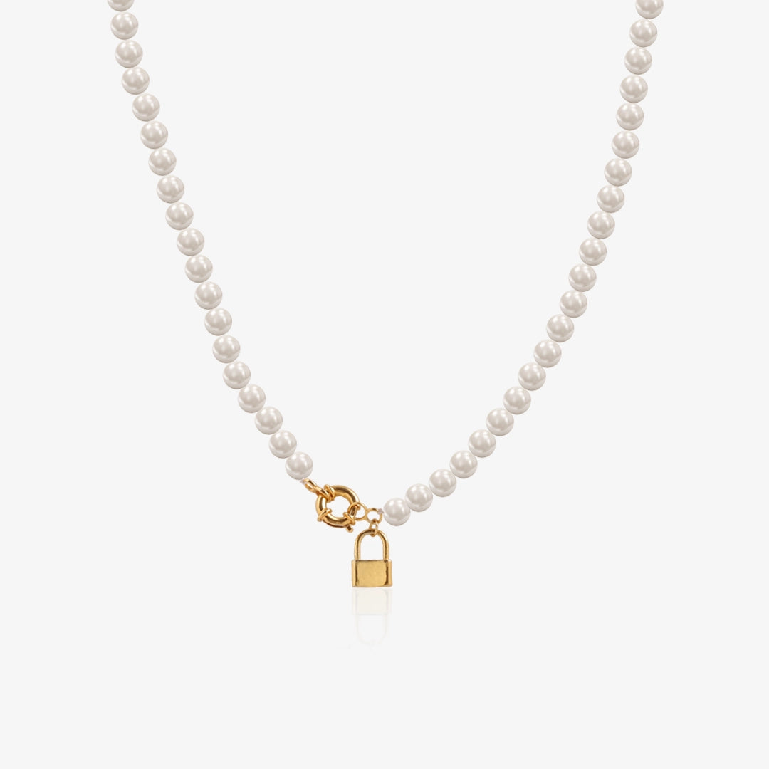 Silver Necklace Pearls 5 5.5 Mm Nautical Padlock 45 Cm
