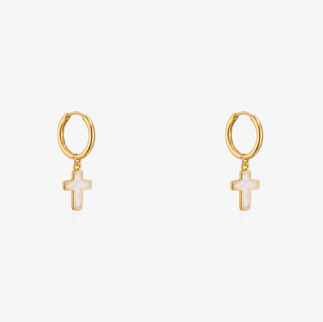 Mother-of-Pearl Cross Hoop Earrings